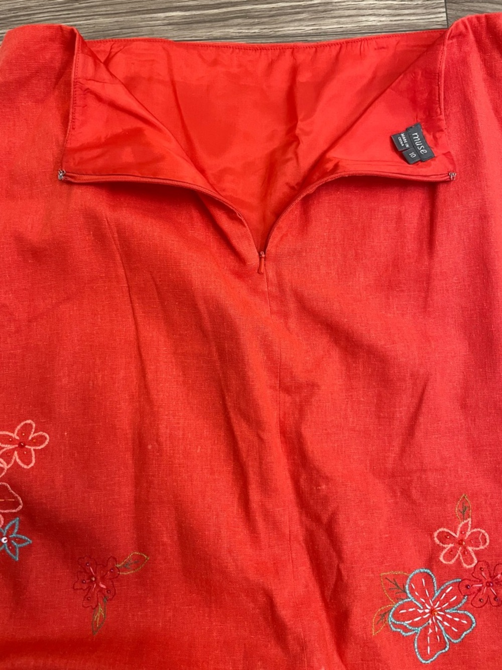 Muse Vintage Orange Linen Embroidered Asymmetrical Fringe Hem Midi Skirt - Picture 6 of 12